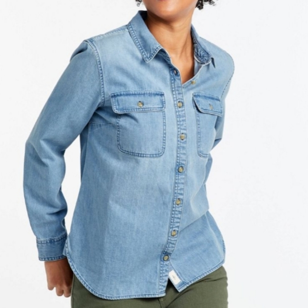 LL Bean Heritage Wash Women's Denim Shirt, Long Sleeve Denim Shirt, Bottom Up